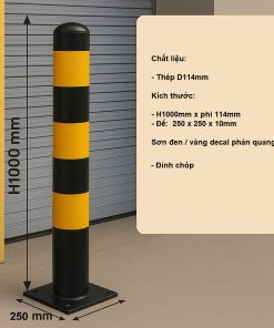 Alternative view of Trụ sắt chống va phi 141mm x cao 1000mm sơn đen / decal vàng phản quang